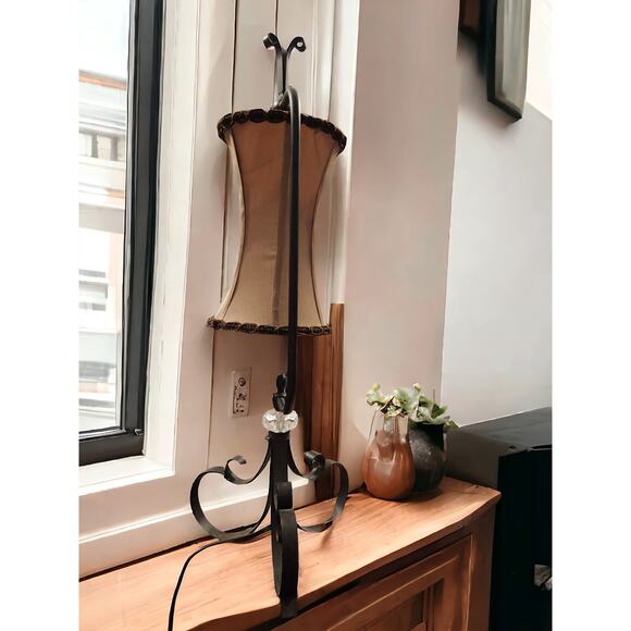 Unique Black Metal Lamp with Tan Fabric Shade Large Table Lamp 29" Tall Nice - Picture 4 of 7